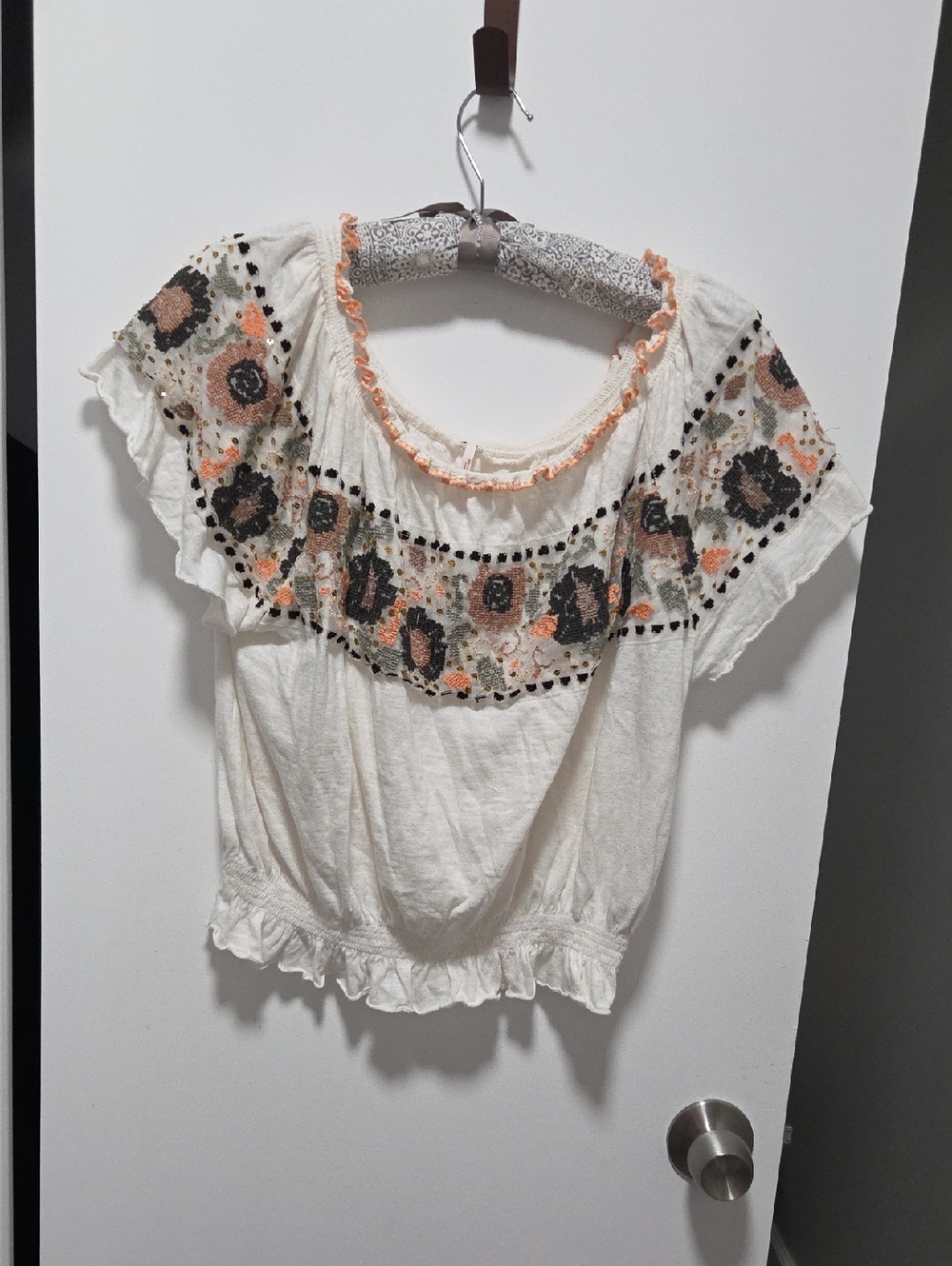 Free People Ivory Peasant Top with Peach & Black Embroidery